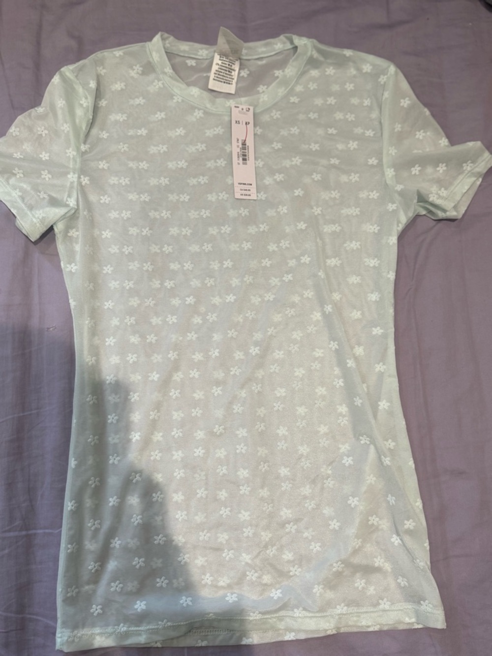 PINK Victoria's Secret Light Mint Floral Sheer Short Sleeve Tee